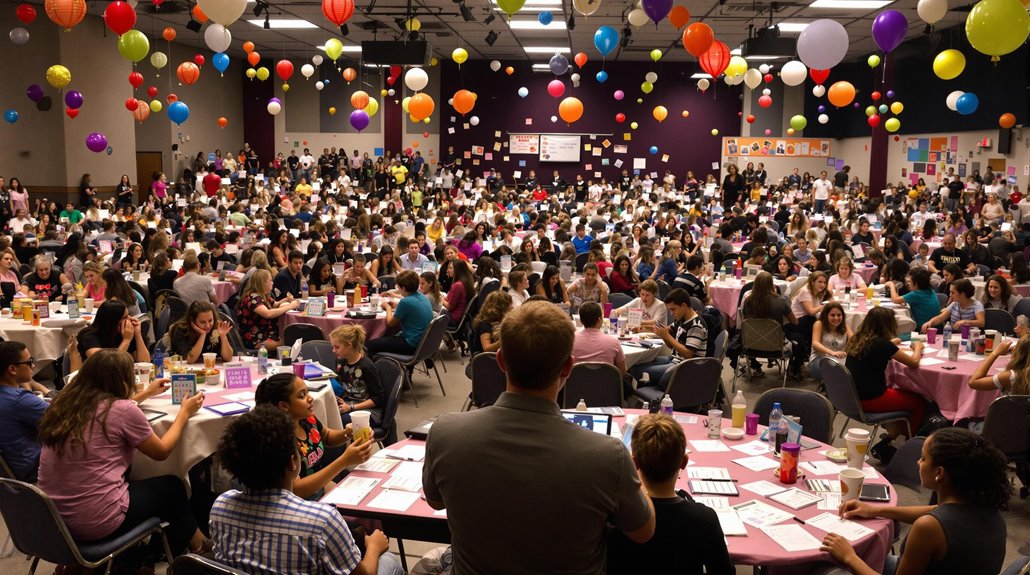 A large, lively event in a decorated hall shows many people seated at round tables, playing games or Music Bingo as a fun school fundraiser, with colorful balloons hanging from the ceiling and vibrant posters on the walls.
