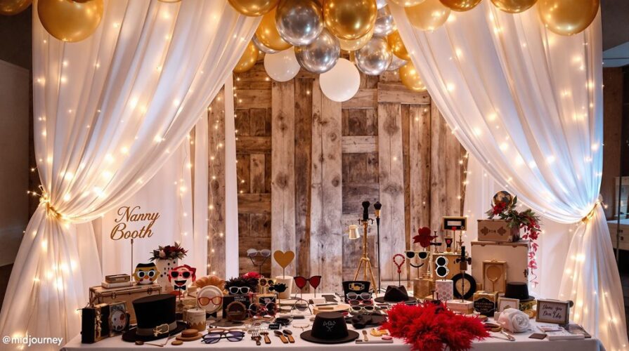 A photo booth for any occasion, setup with white and gold balloons, draped curtains with string lights, a rustic wood backdrop, and a table filled with fun props. A “Nanny Booth” sign sits on the left—perfect for memorable photo booth customization.