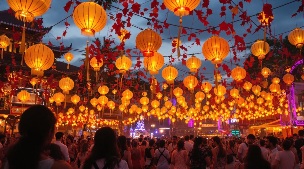 A large crowd gathers under vibrant lighting from glowing yellow lanterns and red decorations at an outdoor festival during the evening, creating a festive atmosphere filled with celebrations of life.