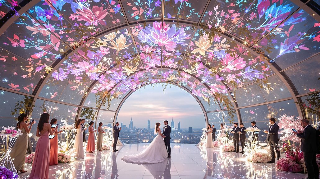A bride and groom dance under a glass dome adorned with glowing flowers, while wedding guests watch in formal attire. The city skyline glows at sunset—a magical scene inspired by 2026 wedding trends in Regina weddings.