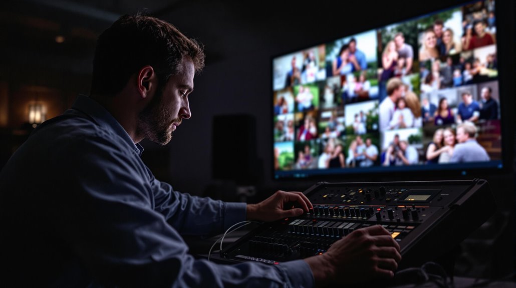 A man operates an audio mixing console in a dimly lit room, while a large monitor displays a collage of blurred family photos—an example of professional AV services supporting meaningful times of remembrance.