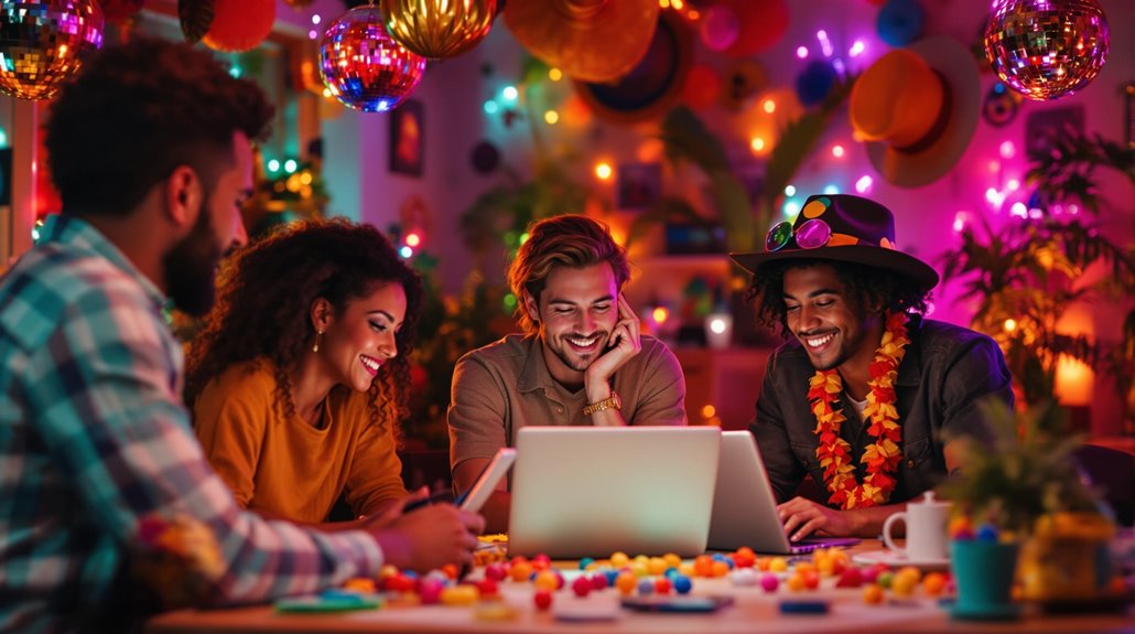 Four friends sit around a table covered with colorful candies, smiling at a laptop as vibrant lights and disco balls illuminate the room. Theyre customizing music bingo playlists for one of their themed parties in this festive atmosphere.