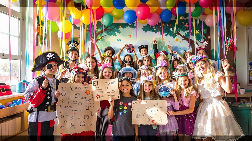 A group of children and one adult in colorful costumes pose at an elementary school celebration, surrounded by festive balloons. Two kids up front hold large paper signs with drawings and writing. Everyone is smiling and enjoying the interactive photo booth.