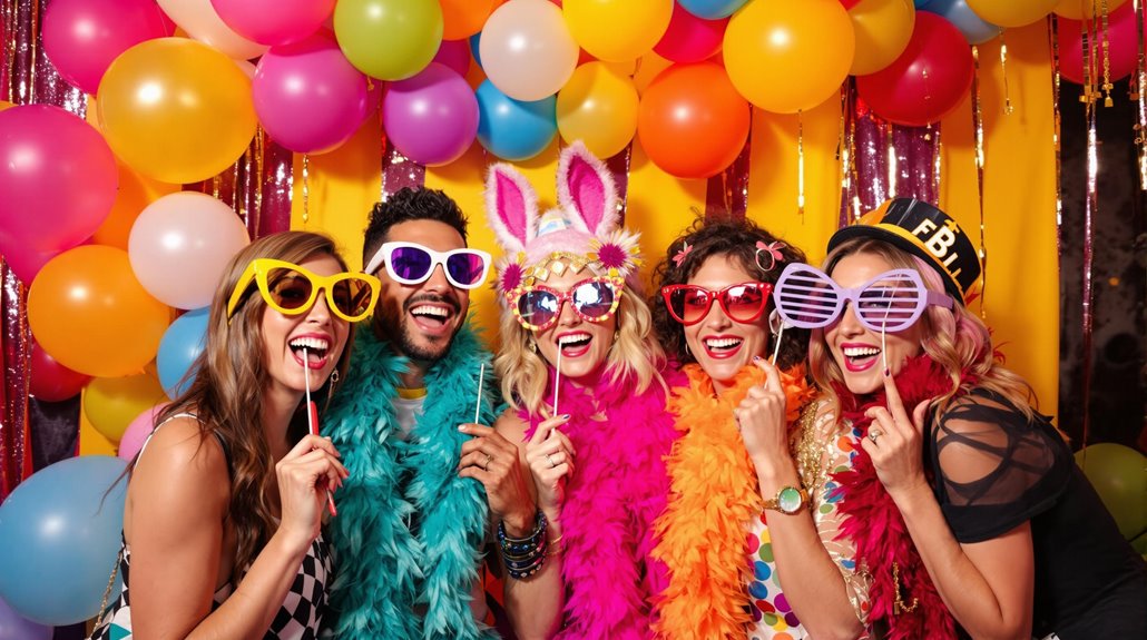Five people wearing colorful costumes, oversized sunglasses, feather boas, and party hats smile and pose together in front of a vibrant event backdrop decorated with balloons and streamers—perfect for fun interactive photo booths!.