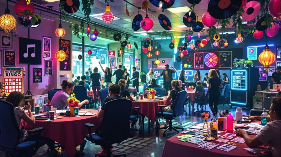 A lively, retro-themed bingo hall perfect for office party ideas, with people playing music bingo at round tables. Colorful hanging records, lanterns, neon lights, posters, and flowers create a festive and vibrant atmosphere.