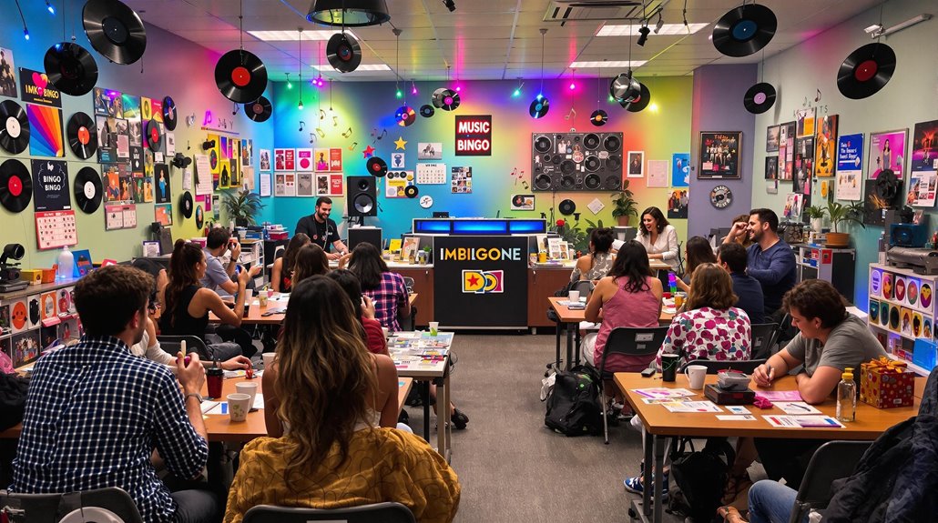 A lively classroom with colorful walls covered in music-themed decorations and records, where people sit at tables enjoying a themed music bingo game—perfect for a work party. A host stands at the front near a screen labeled “Music Bingo.”.