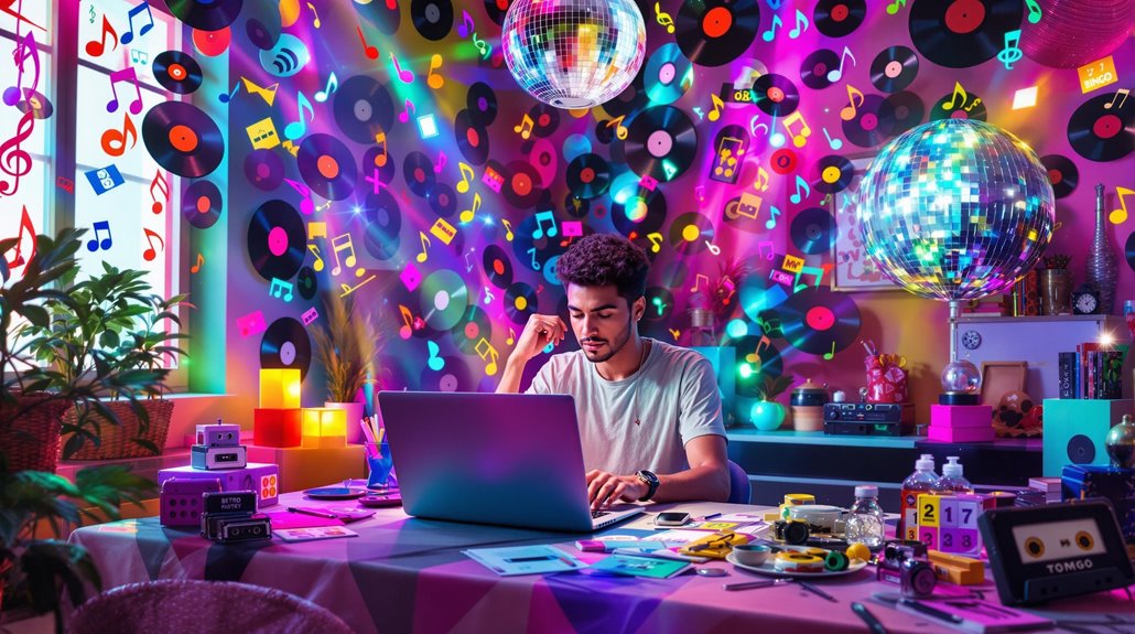 A young man works at a cluttered desk with a laptop in a colorful room decorated with vinyl records, musical notes, and disco balls, customizing Music Bingo playlists for themed parties in a vibrant, retro, and creative atmosphere.