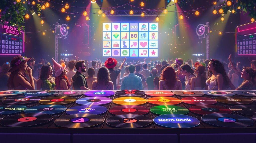 A lively crowd enjoys a music bingo night in a vibrant, colorful club, featuring themed parties with a DJ booth displaying vinyl records from custom Music Bingo playlists and a large bingo screen at the back.