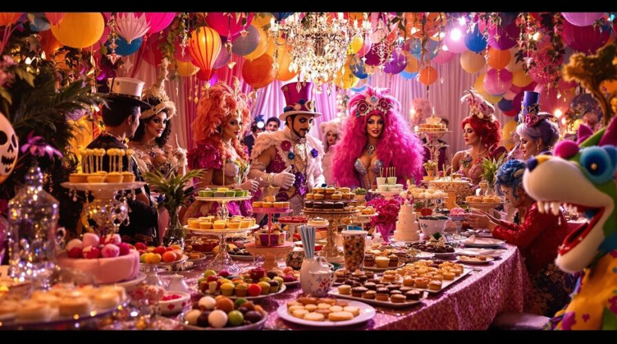 A vibrant themed party scene features people in colorful, extravagant costumes and wigs gathered around a lavish dessert table adorned with cakes, pastries, and candies, with festive decorations and lanterns hanging above.