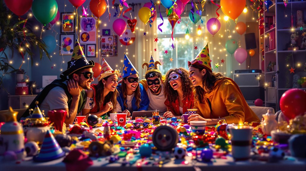 Six people in colorful party hats and costumes laugh around a table covered with confetti, balloons, and decorations. Bright lights and streamers fill the festive room, inspiring fun party planning and creative entertainment ideas.