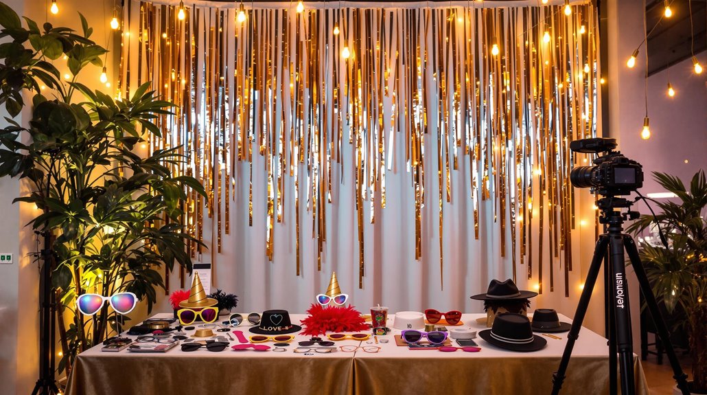 A photo booth setup with a gold sequin backdrop, hanging string lights, and quirky props like hats, glasses, and masks fills the table. Green plants frame the scene while a camera on a tripod completes this fun photo booth.