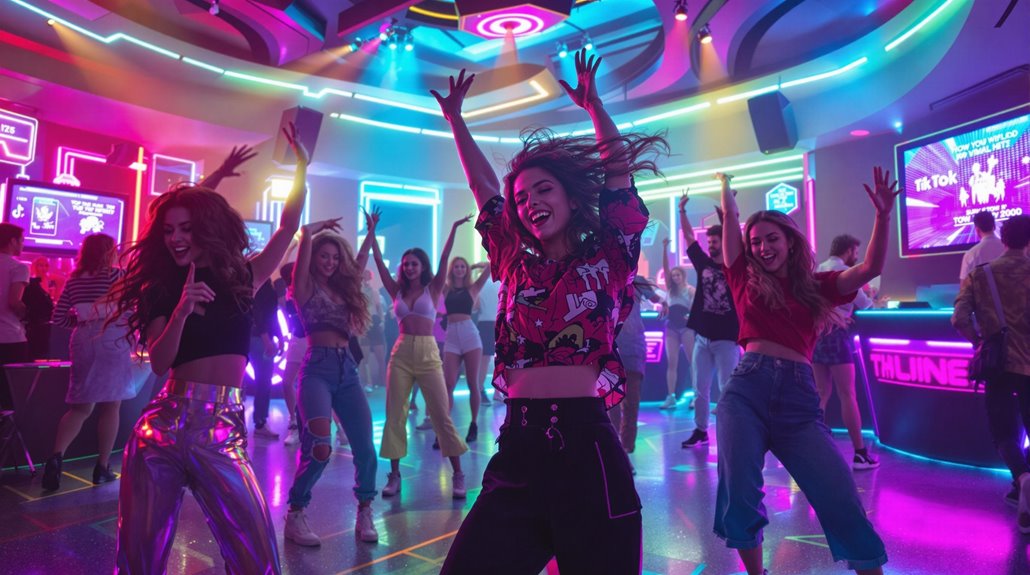 A group of young people dance energetically in a neon-lit club with colorful lights and digital screens, moving to top songs for dances and the latest 2025 dance music, creating a lively, futuristic party atmosphere.