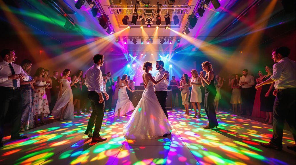 A bride and groom dance at the center of a vibrant, colorful wedding reception, surrounded by guests on a lit dance floor as Wedding DJ songs fill the air under bright, multicolored stage lights.