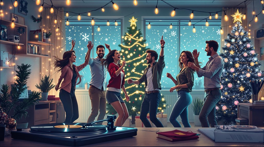 A group of six coworkers dance joyfully in a festive living room decorated with Christmas trees, lights, and ornaments, while holiday songs play on a record player and snow falls outside the windows.