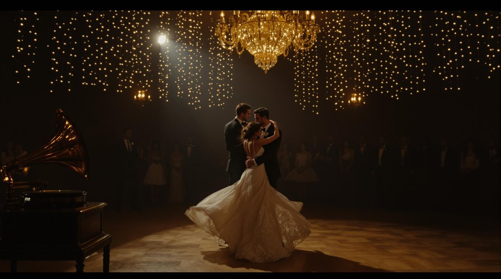 A bride and groom share a romantic first dance under a glowing chandelier and string lights, surrounded by formally dressed guests in a ballroom—a picture-perfect moment for 2026 weddings inspired by timeless wedding songs, with a vintage gramophone in the foreground.