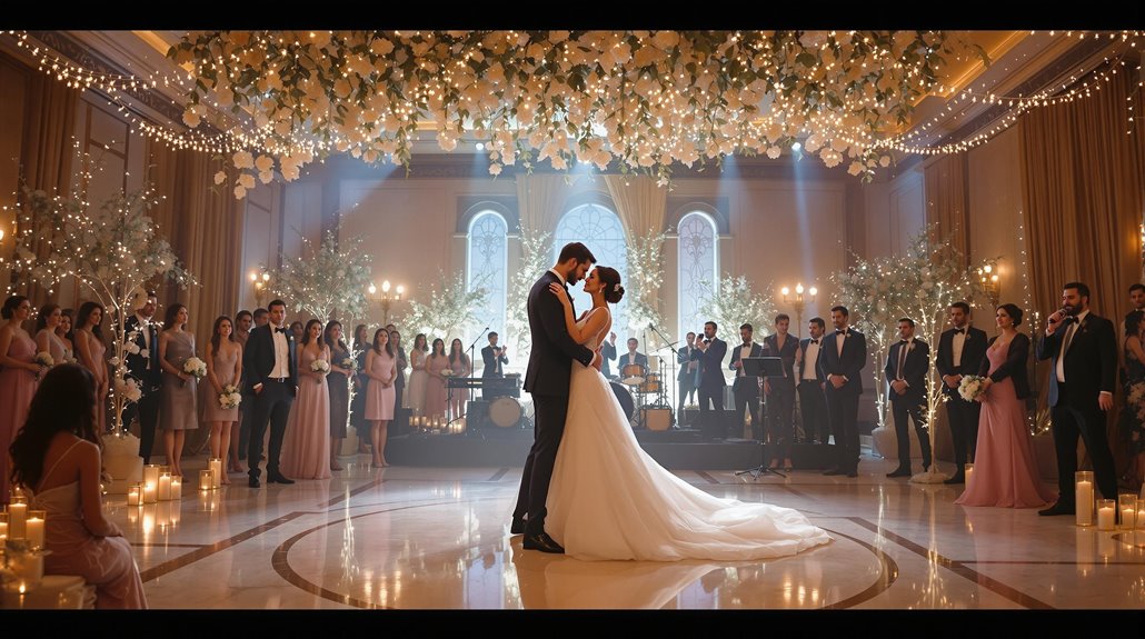 A bride and groom share their first dance to one of the top wedding songs in an elegant ballroom decorated with flowers, candles, and string lights, surrounded by guests in formal attire watching and smiling.
