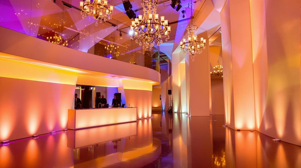 A modern, elegant event space with warm orange and purple corporate event lighting, chandeliers, glossy floors, and a curved front desk where several people are standing. The atmosphere is stylish and inviting.