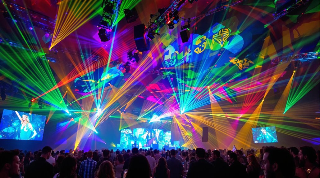 A large crowd at a concert or music event with colorful laser lights, spotlights, and vibrant patterns illuminating the stage and ceiling; expert audio visual production enhances video screens displaying performers.