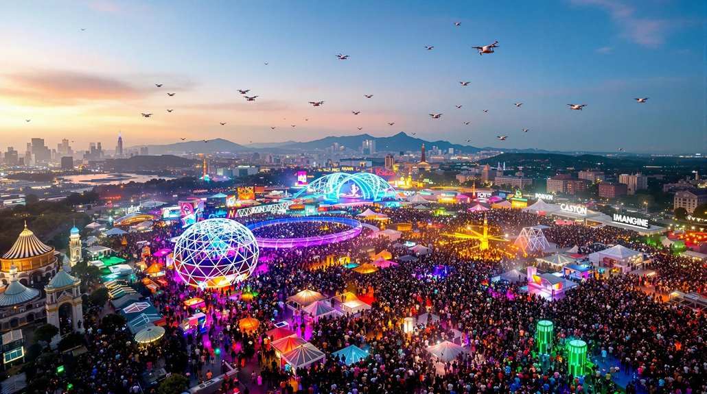 A large outdoor festival at sunset with colorful neon lights, domes, stages, and thousands of people captures the essence of 2026 photography trends. Drones fly overhead, with a city skyline and mountains in the background—perfect for event photography.