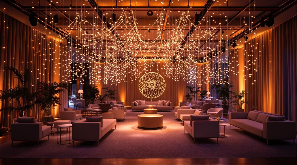 A stylish lounge with modern cream sofas and a lighting transformation of soft LEDs and string lights creates a warm, elegant atmosphere. A circular light sculpture glows on the back wall, while potted plants add greenery. Perfect for event space lighting.
