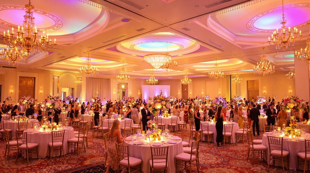 A large, elegant ballroom filled with round tables decorated with flowers and candles creates a memorable atmosphere. Many guests in formal attire are mingling under ornate chandeliers and colorful ceiling lights, perfect for charity events or expert event planning.