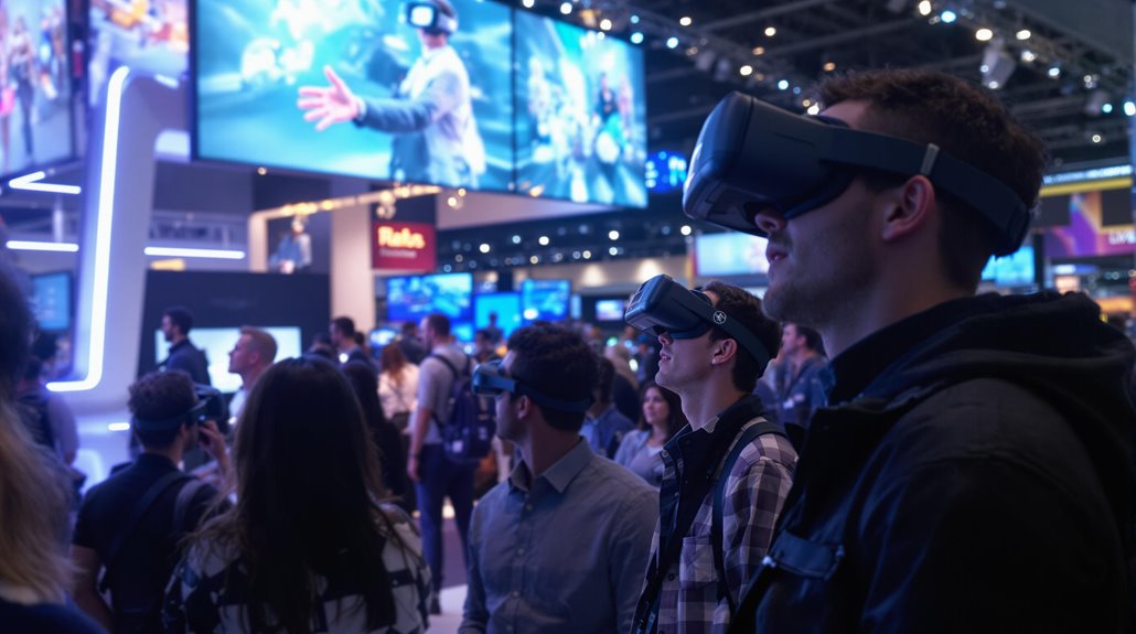 A group of people wearing VR headsets stand in a crowded, brightly lit exhibition hall, enjoying interactive experiences as large digital screens display virtual reality content—a highlight of modern trade show marketing.