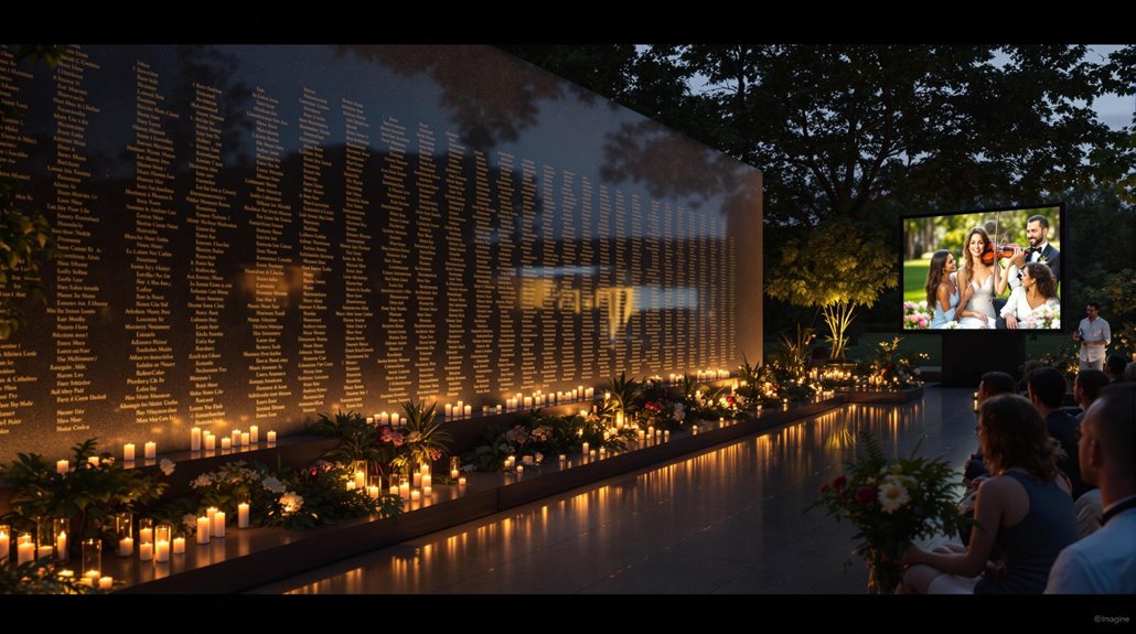 A memorial wall inscribed with names, surrounded by lit candles and flowers at dusk. People sit in the foreground during Times of Remembrance, while a large screen displays a happy family photo among illuminated trees in the background.