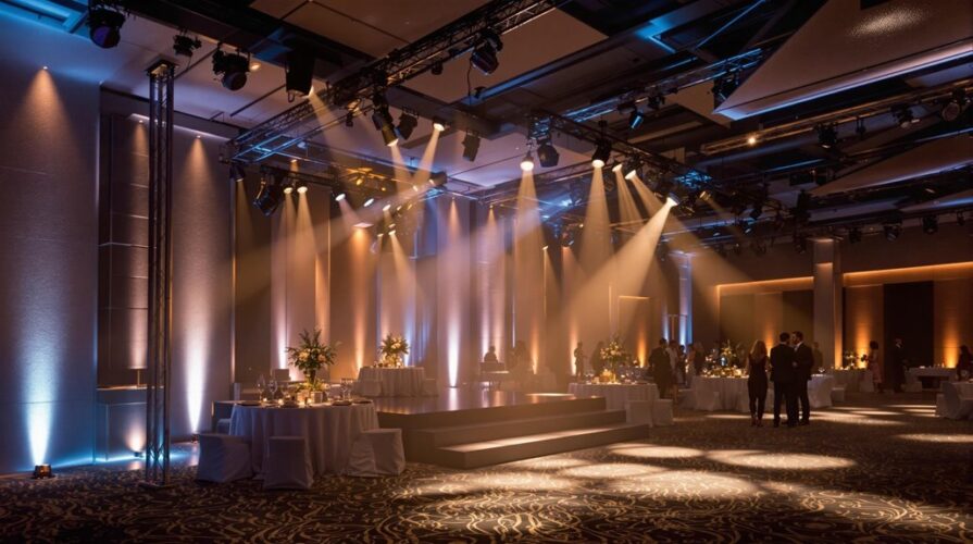 A spacious, elegant banquet hall is softly illuminated with warm event space lighting, highlighting round tables with floral centerpieces. A raised stage is at the center as small groups mingle, ready to transform the event space for any special occasion.