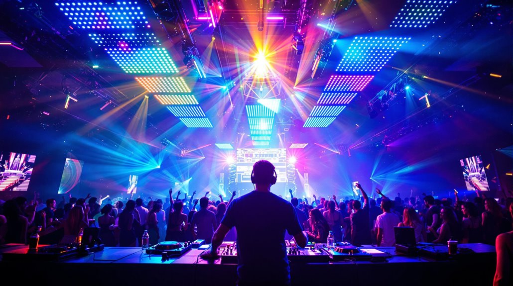 A professional DJ performs on stage facing a lively crowd under vibrant, colorful LED lights and lasers at a packed nightclub or concert venue, creating the ultimate party atmosphere.