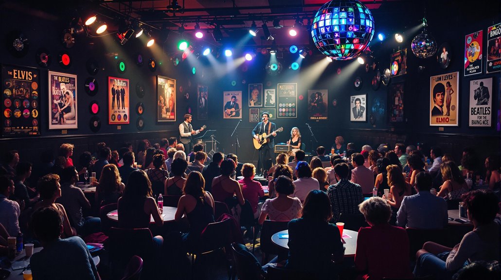 A lively audience enjoys a small band performing on stage in a club adorned with music posters and a disco ball, while colorful lights shine down—perfect vibes for an unforgettable music bingo night.