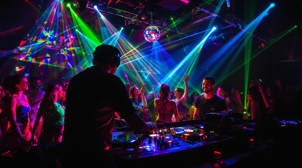 A professional DJ plays music on turntables in a vibrant nightclub filled with people dancing under colorful laser lights and a sparkling disco ball, creating the ultimate party atmosphere for an energetic, lively crowd.