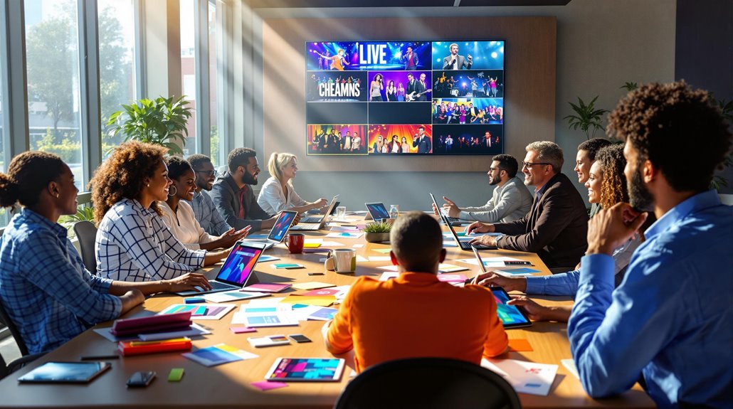 A diverse group of people sit around a conference table with laptops and papers, collaborating in a modern office. A large screen displays a live music event, part of the entertainment package they choose. Sunlight streams into the room.