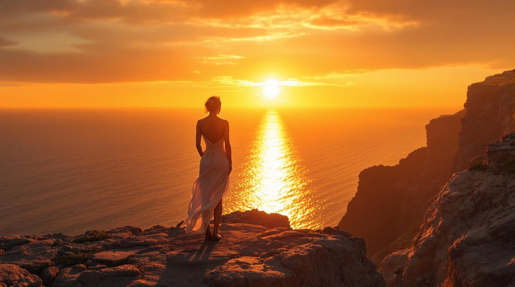 A person in a white dress stands on a rocky cliff, gazing at a vibrant orange sunset over the ocean—capturing moments as sunlight reflects on the water and clouds paint the sky.