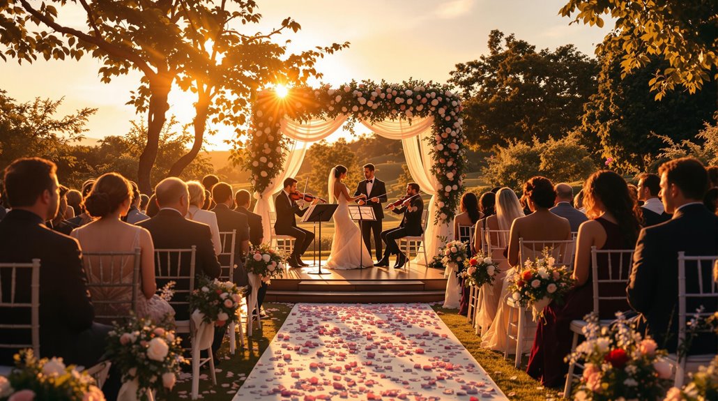 An outdoor wedding ceremony at sunset, with a bride and groom standing under a flower-adorned arch, surrounded by seated guests and musicians playing personalized wedding ceremony music. The aisle is covered in flower petals and decorated with floral arrangements.