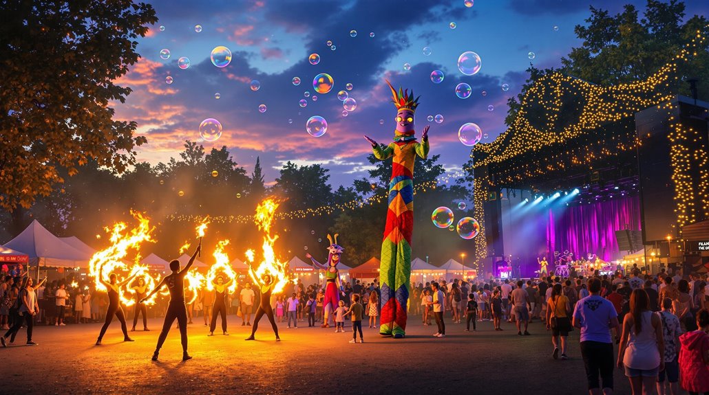 A lively outdoor festival at sunset showcases unique event entertainment, with fire performers, a tall colorful puppet, floating bubbles, and a lit stage. Crowds enjoy the atmosphere among trees and tents adorned with string lights.