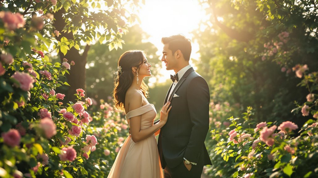 A couple dressed elegantly stands in a sunlit garden surrounded by blooming pink roses, gazing lovingly at each other—capturing the perfect engagement photo shoot with warm sunlight filtering through the trees for a truly romantic atmosphere.