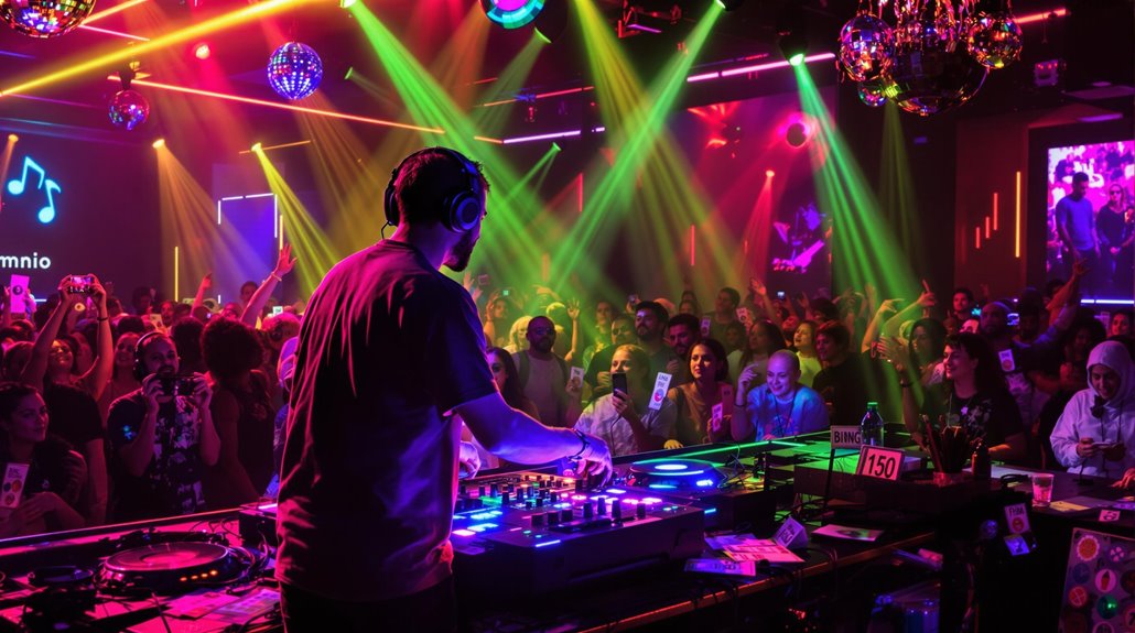 A DJ wearing headphones performs at a lively nightclub, mixing music on a lit-up console. Colorful lights and laser beams fill the room, creating an engaging night as a large crowd dances and enjoys the energetic atmosphere.