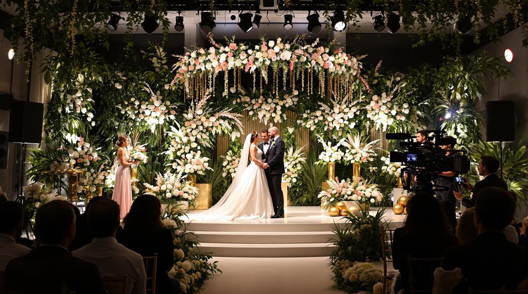 A bride and groom stand on a decorated stage, exchanging vows under a floral arch, surrounded by lush greenery and flowers, as guests are seated and a camera crew ensures perfect visual coordination filming the ceremony.