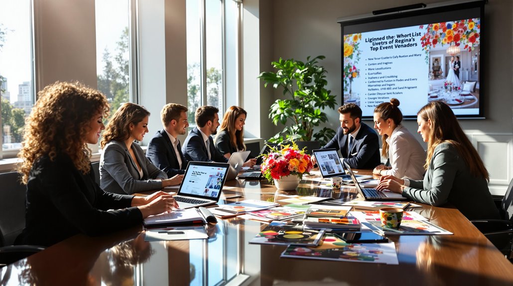 Eight professionals sit around a conference table in bright natural light as a screen displays an event planning presentation. Laptops, documents, and colorful flowers create an inviting space for Regina’s best corporate event vendors to collaborate.