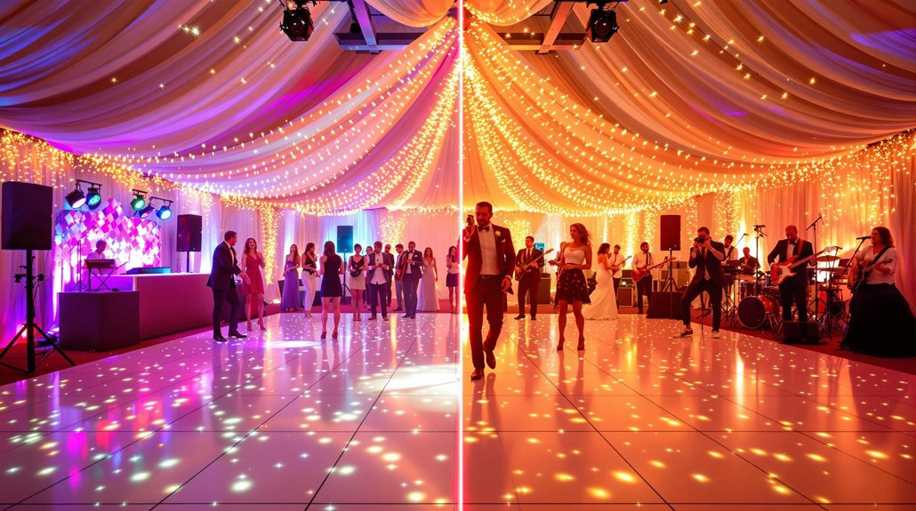 A wedding reception hall with draped ceilings and glowing string lights. Guests watch as a couple dances on a shiny, illuminated floor while a live band provides lively wedding music, adding to the festive atmosphere.
