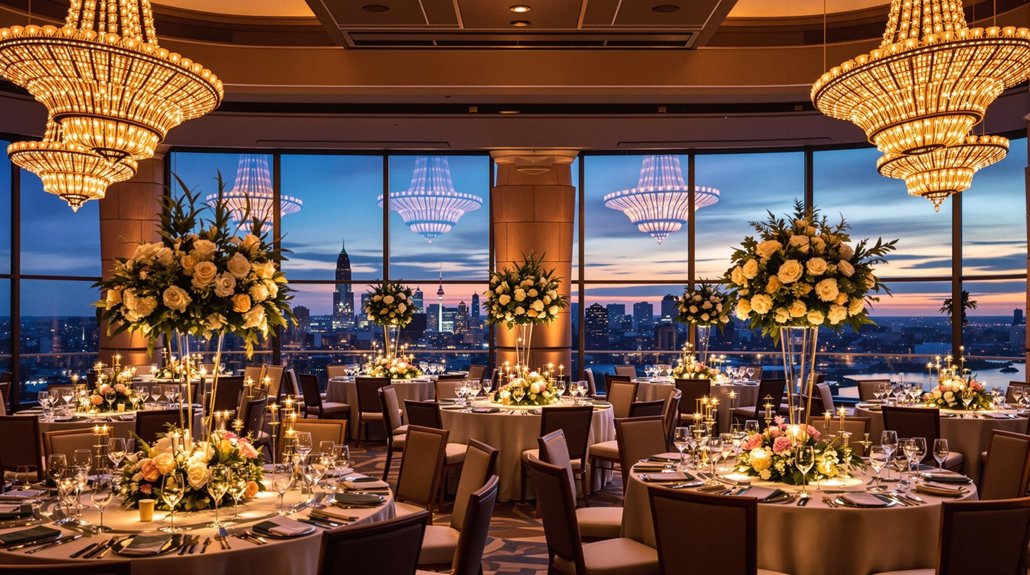 A luxurious banquet hall in Regina set for an elegant evening, with round tables adorned with floral centerpieces, candles, and fine tableware. Perfect for corporate event planning, large chandeliers hang overhead and tall windows reveal a sunset city skyline.