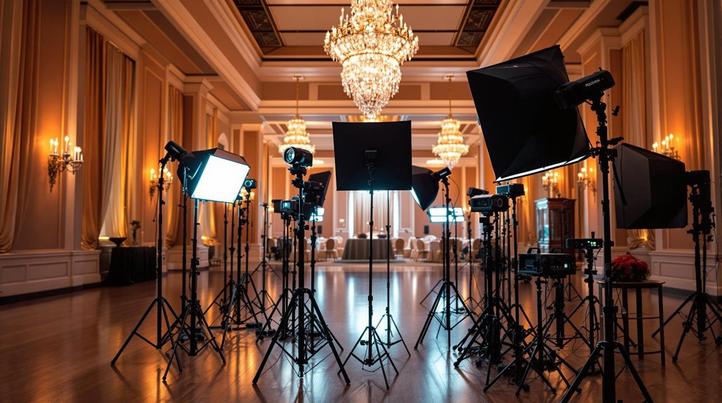 A grand ballroom with chandeliers and elegant drapery, set up with event lighting and multiple professional photography lights and cameras on tripods facing a staged area.