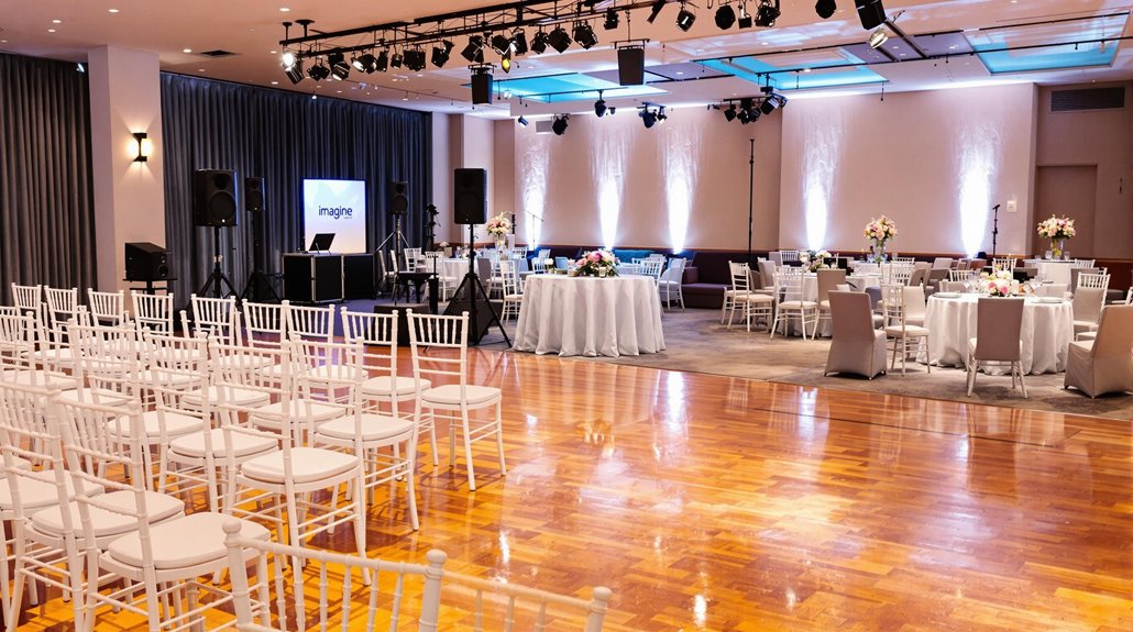 A spacious, modern event hall with a wooden dance floor, rows of white chairs, round tables decorated with flowers, and a stage area with screens and speakers—ideal for any celebration and complete with an essential event rental equipment checklist.