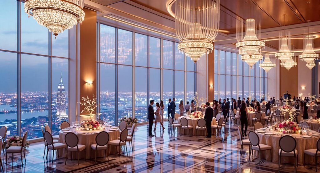 A glamorous ballroom with large chandeliers and floor-to-ceiling windows overlooks a city skyline at sunset—the perfect setting to plan a corporate gala and impress stakeholders as guests mingle among elegantly set round tables with floral centerpieces.