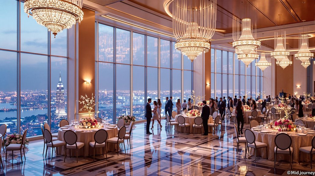 A glamorous ballroom with large chandeliers and floor-to-ceiling windows overlooks a city skyline at sunset—the perfect setting to plan a corporate gala and impress stakeholders as guests mingle among elegantly set round tables with floral centerpieces.