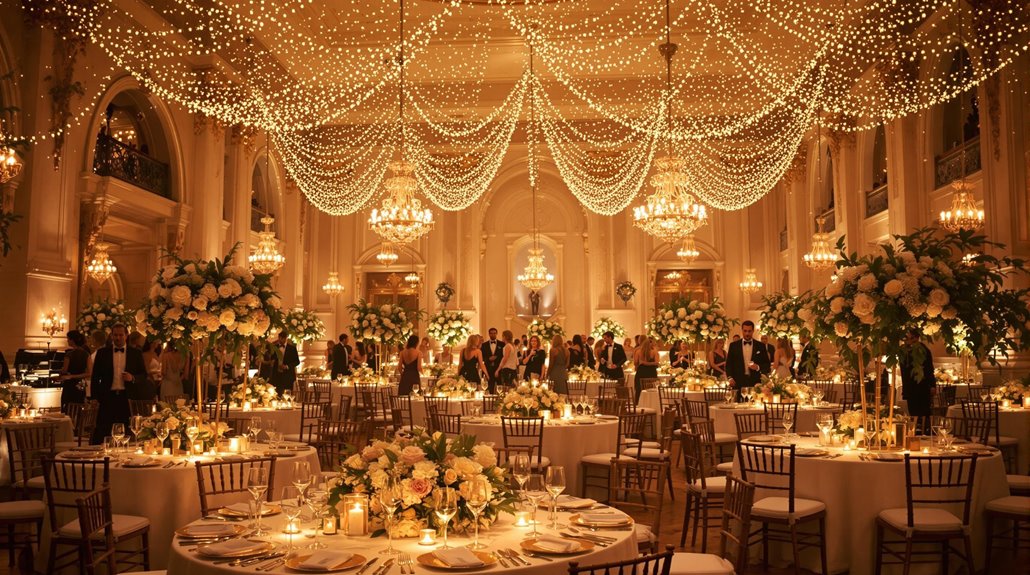 A grand ballroom decorated for a formal event creates a memorable atmosphere, with round tables set for dinner, elegant floral centerpieces, and golden string lights. Perfect for charity events, guests in formal attire mingle in the background.