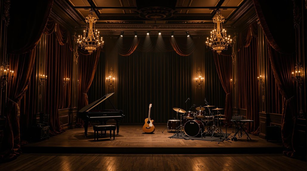 A dimly lit, elegant venue features a grand piano, an acoustic guitar on a stand, and a drum set. Ornate chandeliers and dark red curtains frame the classic wooden stage, setting the scene for a performance with signature sound.