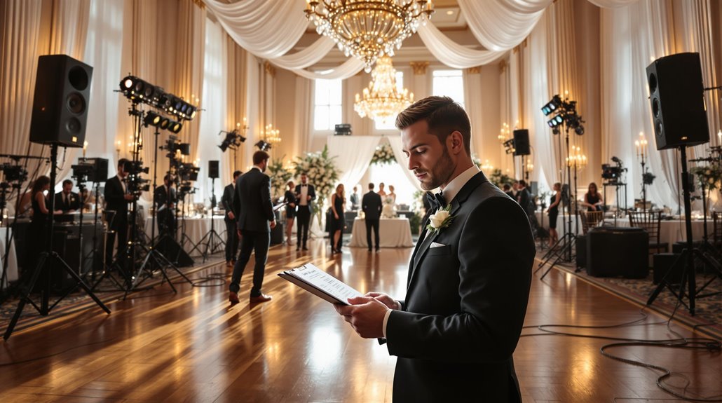 A man in a tuxedo holding a clipboard stands in an elegant ballroom with chandeliers and draped white fabric, overseeing event staff as he manages visual coordination for a seamless formal event.