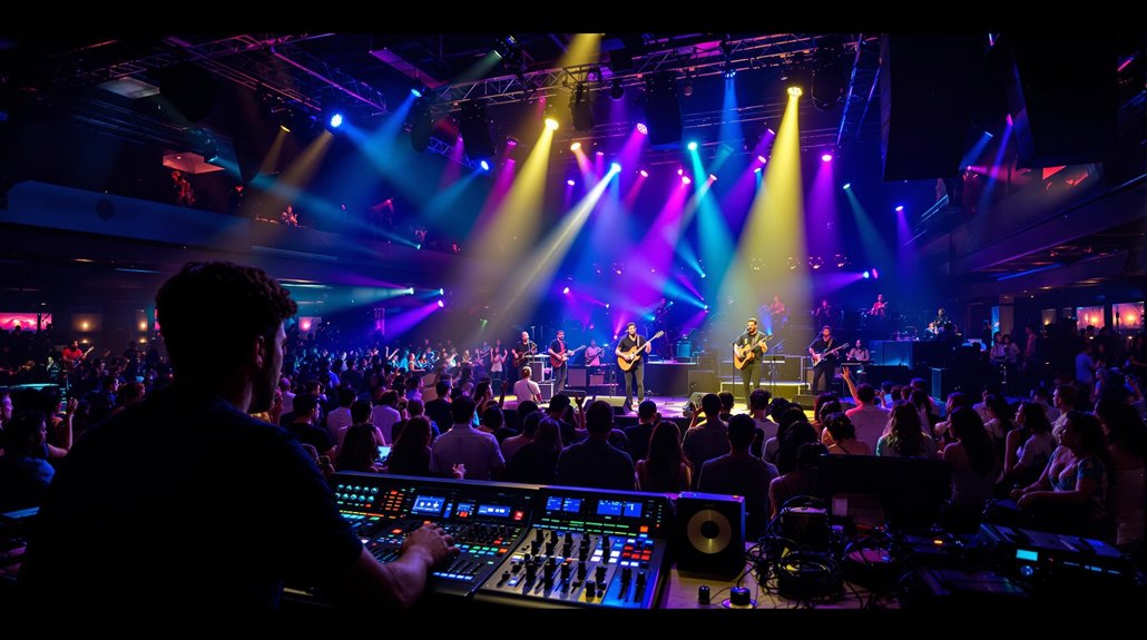 A large crowd watches a live band performing on stage under colorful lights. A sound engineer operates a mixing console in the foreground, shaping the bands signature sound as vibrant beams of purple, yellow, and blue illuminate the concert venue.