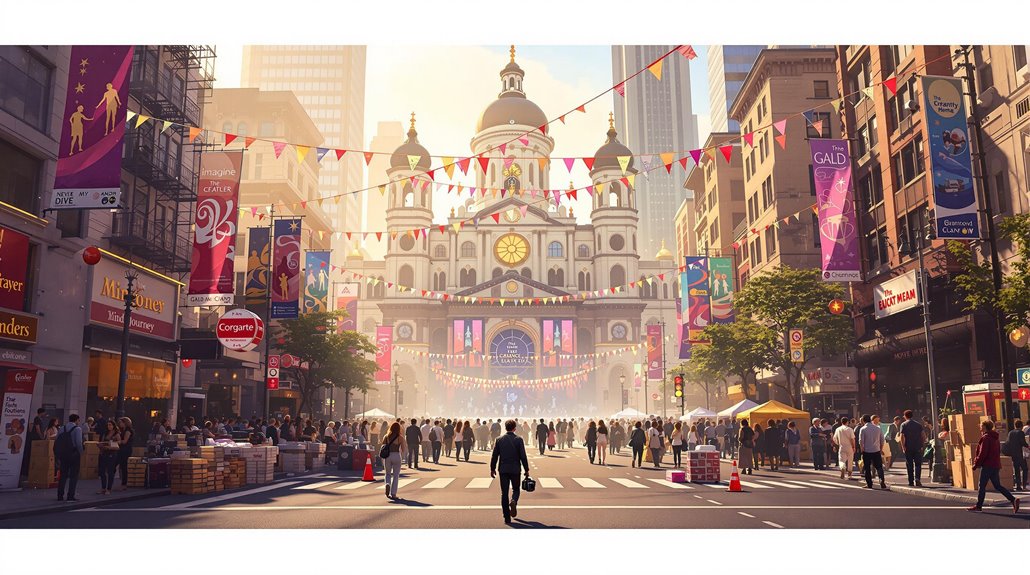 A busy city street is decorated with colorful banners and flags for a festival. Crowds gather near stalls and a grand building, sunlight streaming through the scene—captured perfectly by an event photographer behind the lens.